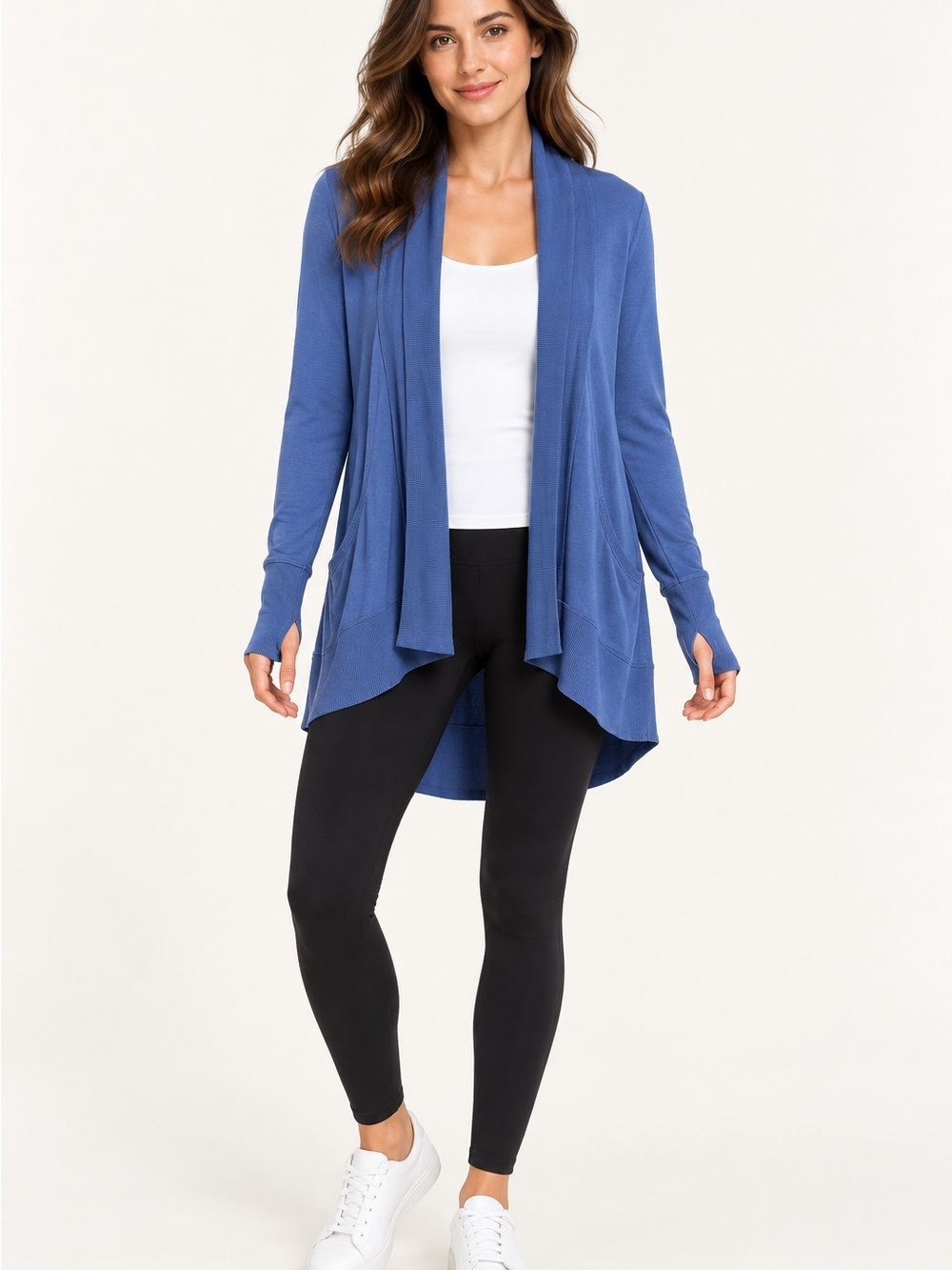 Athleta Pranayama Wrap Cardigan XXS Blue Modal Thumbholes Pockets Oversized